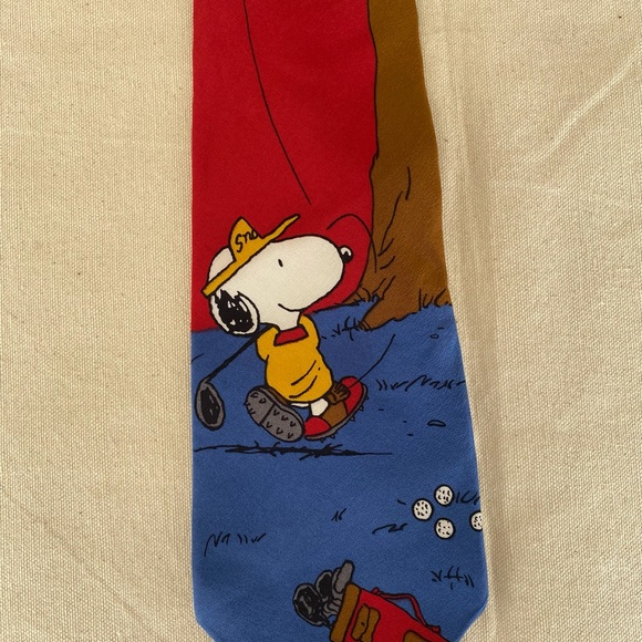 Peanuts Snoopy Golfing Blue Red Necktie Vintage 60s 70s Golfer Casual 100% Silk - Picture 2 of 7